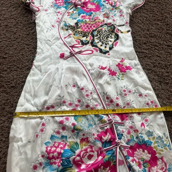 Asian Style TUNIC DRESS 100% Silk Fan Floral Pattern Made In Vietnam XS S M - Picture 9 of 11